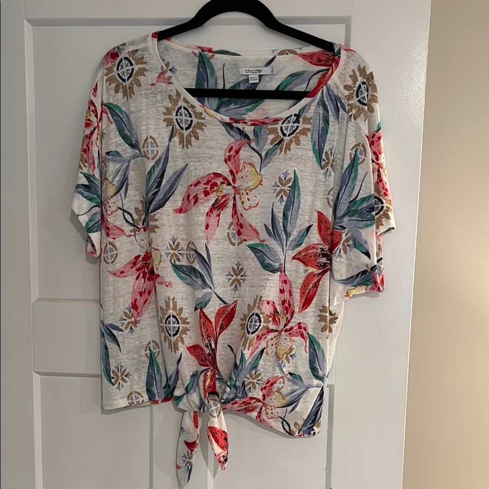 Chico's Women's Floral Tie-Front Blouse - Red, Green, and Blue